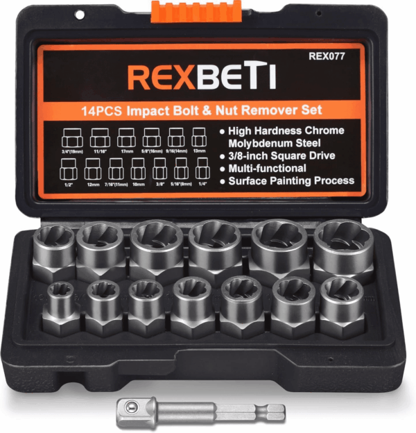 Impact Bolt & Nut Remover Set, 13+1 Pieces Bolt Extractor Tool Set with Solid Storage Case