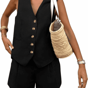 Women'S Summer 2 Piece Outfits Sleeveless Matching Sets Button down V Neck Vest Waistcoat and Pockets Shorts