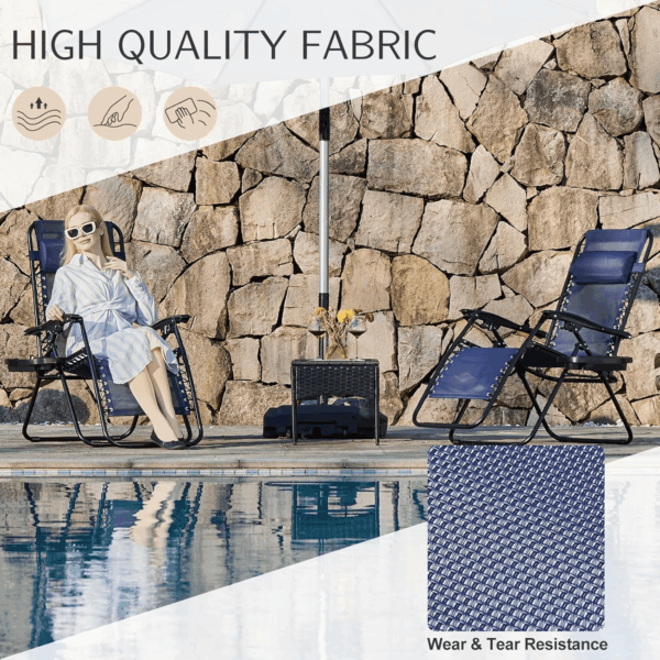 Zero Gravity Chairs, Set of 2 Portable Recliner Beach Camping Patio Outdoor Folding Lounge Chair with Cup Holder Trays and Adjustable Pillow for Poolside, Garden, Backyard, Lawn (Blue) - Image 3