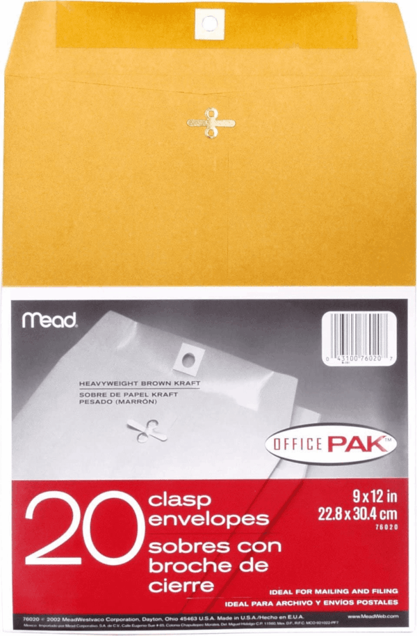 Mailing Envelopes, Clasp Closure, 9" X 12", All-Purpose 24-Lb Paper, Brown Kraft Material, 20 per Box (76020)
