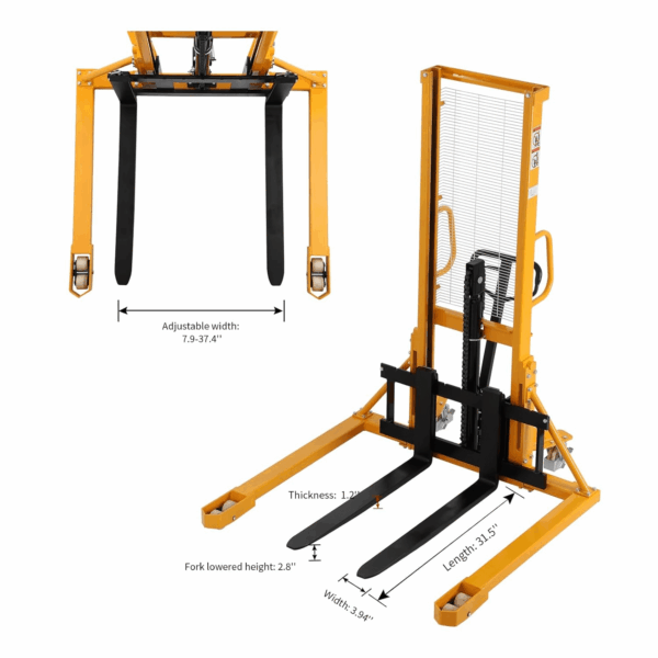 Manual Pallet Stacker with Straddle Legs 2200Lbs Capacity 63" Lift Height, Adjustable Forks - Image 4