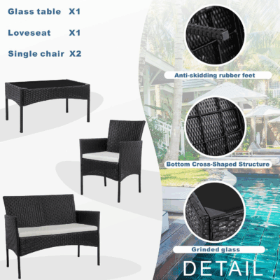 4 Piece Outdoor Patio Furniture Sets, Small Wicker Patio Conversation Furniture Rattan Chair Set with Tempered Glass Coffee Table for Backyard Porch Garden Poolside Balcony - Image 4