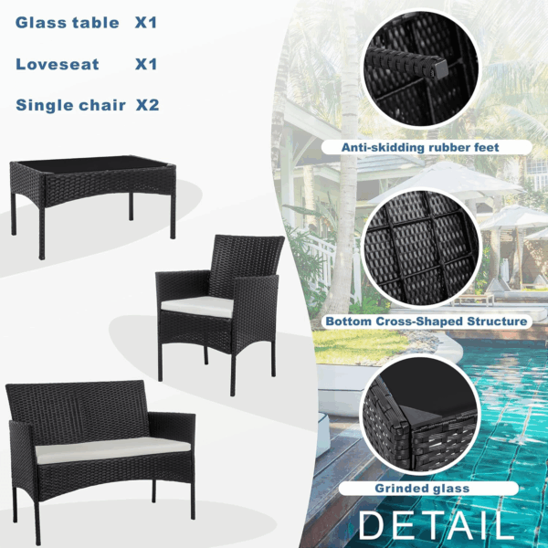 4 Piece Outdoor Patio Furniture Sets, Small Wicker Patio Conversation Furniture Rattan Chair Set with Tempered Glass Coffee Table for Backyard Porch Garden Poolside Balcony - Image 4