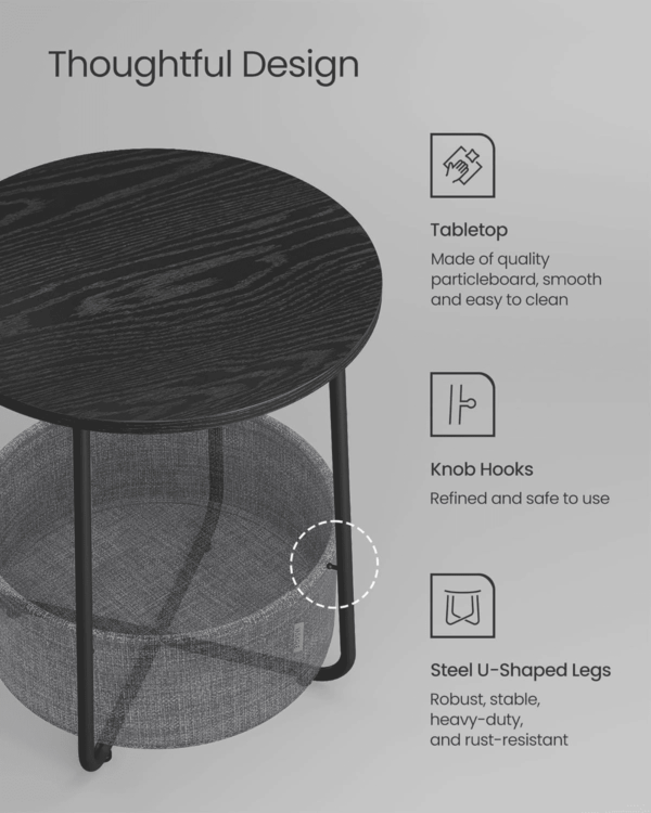 End Table, Small Bedside Table with Fabric Basket, Modern Nightstand, round Side Table, for Living Room, Bedroom, Ebony Black and Slate Gray ULET223B01 - Image 7
