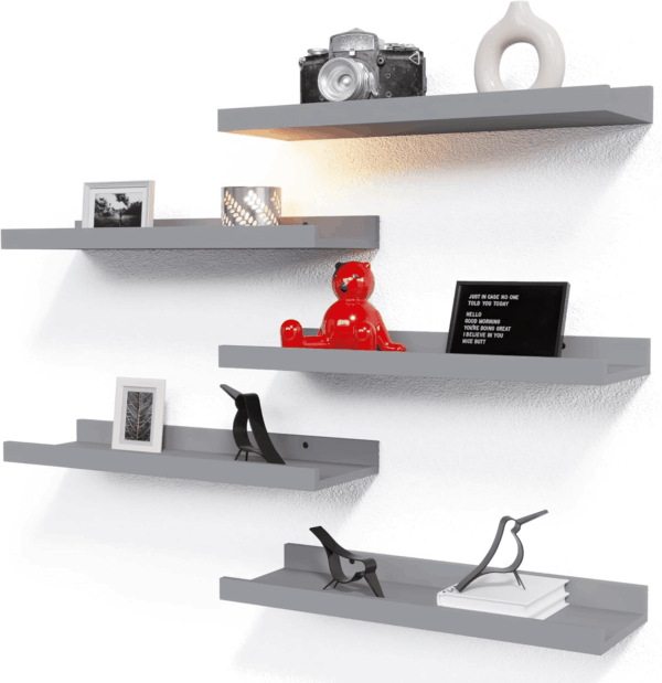 Mounted Shelves for Wall Decor, Modern Picture Ledge Shelf with Lip for Wall Storage Nursery, Bedroom, Living Room, Bathroom - Grey