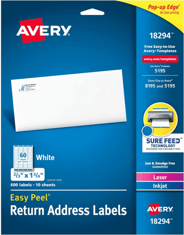 Printable Return Address Labels with Sure Feed, 2/3" X 1-3/4", White, 600 Blank Mailing Labels (18294)