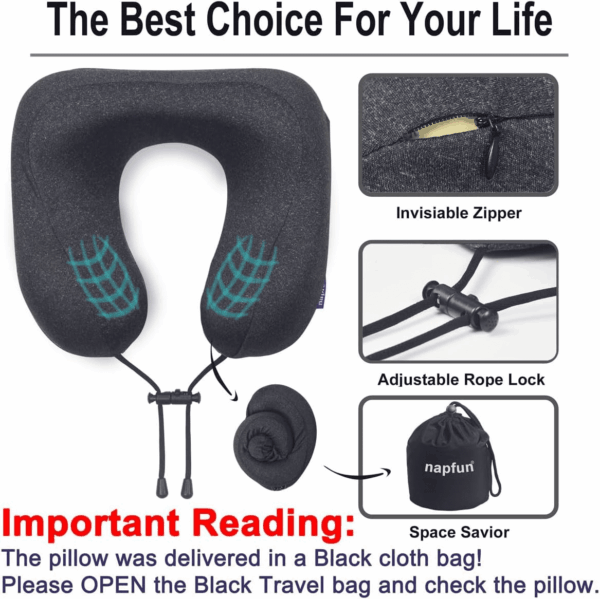 Travel Pillow, Travel Accessories & Travel Essentials for Airplane Upgraded 100% Pure Memory Foam Travel Neck Pillow for Flight Headrest Sleep, Portable Plane Necessities, Full Black - Image 5