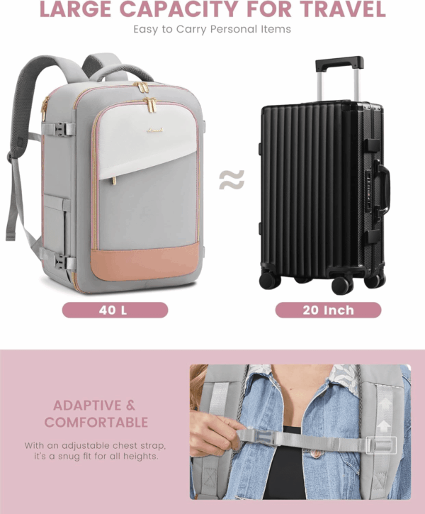 Travel Backpack for Women, 40L Carry on Backpack Flight Approved, Large Personal Item Bag Fits 17 Inch Laptop, TSA Approved Luggage with 3 Packing Cubes,Waterproof Weekender Gym Essentials - Image 3