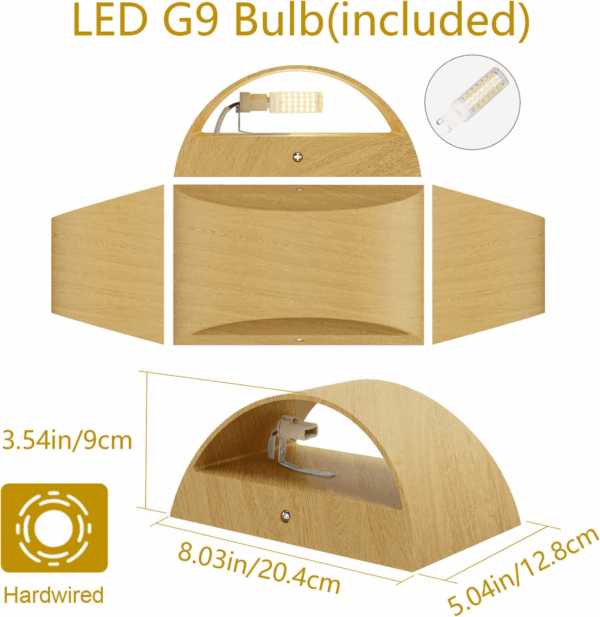 Aluminum Modern Wall Light Fixtures 1 Pack Indoor LED Wall Sconce Hardwired Wood Texture up and down Wall Mount Light for Living Room Bedroom Hallway Corridor 3000K(With G9 Bulbs) - Image 5