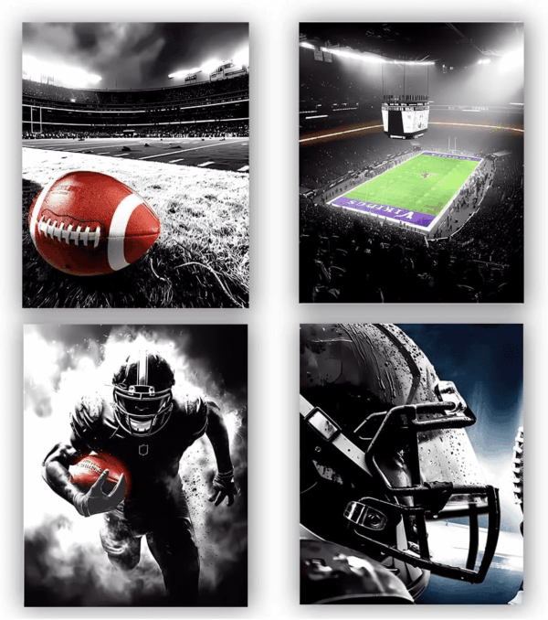 American Football Sport Canvas Wall Art,American Football Art Prints, Rugby Art Poster, Black White Gym Artwork Prints for Bedroom Man Cave Boy'S Bedroom Decor,Set of 4 (8"X10", No Frame