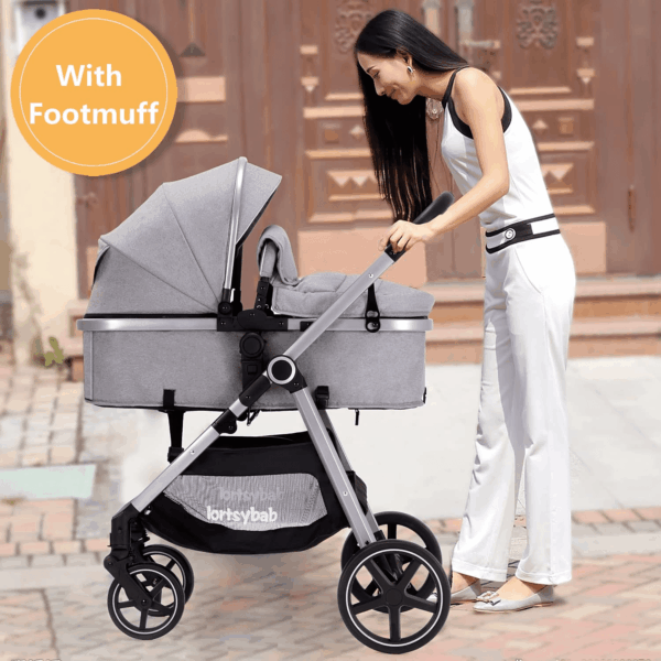 2-In-1 Baby Stroller with Bassinet Mode - Folding Infant Newborn Pram Stroller with Reversible Seat - Toddler Strollers for 0-36 Months Old Babies (Gery) - Image 4