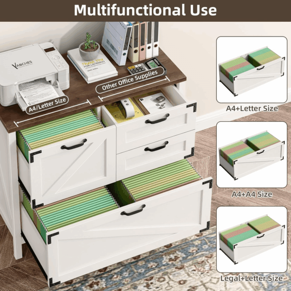 Wood Lateral File Cabinet with 4-Drawer for Hanging Files Letter/A4/Legal Size, Large Farmhouse Filing Cabinets for Home Office, Printer Stand with Office Cabinet, Office Furniture, White and Brown - Image 5