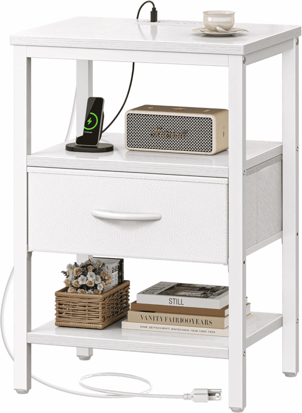 Nightstand with Charging Station, Bed Side Table with Adjustable Fabric Drawer, Night Stand for Bedroom, 3-Tier Storage End Table, for Living Room, White - Image 9
