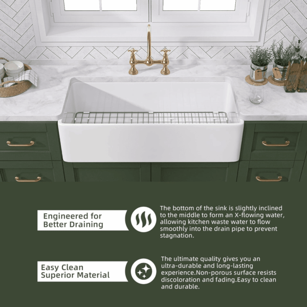 White Farmhouse Sink 30 Inch Farm Sink Fireclay Apron Front Single Bowl Kitchen Sinks Deep Drop in Undermount Kitchen Sink Luxury Modern Style Accessory Kit Included - Image 7