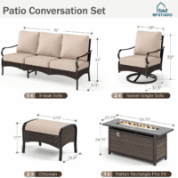6 PCS Outdoor Patio Furniture Set, Metal Outdoor Conversation Set, Rattan Wicker Patio Sectional with 2 X Swivel Single Sofa, 3-Seat Sofa, 2 X Ottoman, 1 X Fire Pit Table, Beige - Image 8