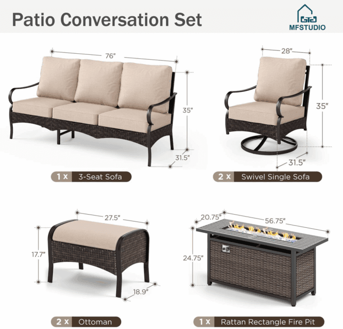 6 PCS Outdoor Patio Furniture Set, Metal Outdoor Conversation Set, Rattan Wicker Patio Sectional with 2 X Swivel Single Sofa, 3-Seat Sofa, 2 X Ottoman, 1 X Fire Pit Table, Beige - Image 8