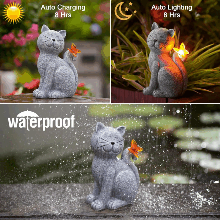 Solar Cat Outdoor Statues for Garden: outside Decor with Butterfly Clearance for Yard Art Lawn Ornaments Porch Patio Balcony Home House - Birthday Gifts for Grandma Mom Women - Image 5