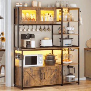 Bakers Rack with Power Outlet and LED Light, 45.3 Inch Farmhouse Coffee Bar Cabinet, Kitchen Microwave Stand with Storage, Glass Cabinet, Goblet Holder and 8 Hooks (Rustic Brown)