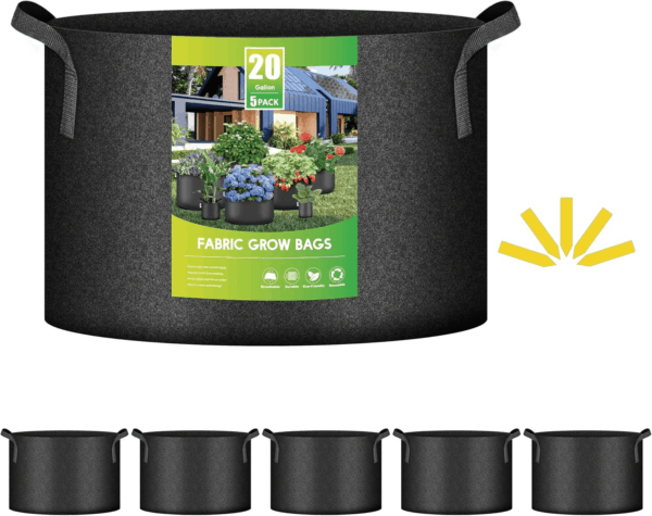 20 Gallon (Pack of 5) Plant Grow Bags Thickened Nonwoven Aeration Fabric Pots Heavy Duty Durable Container, Strap Handles for Garden, Black