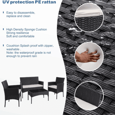 4 Piece Outdoor Patio Furniture Sets, Small Wicker Patio Conversation Furniture Rattan Chair Set with Tempered Glass Coffee Table for Backyard Porch Garden Poolside Balcony - Image 3