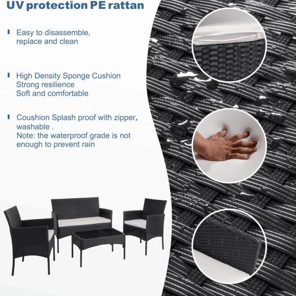 4 Piece Outdoor Patio Furniture Sets, Small Wicker Patio Conversation Furniture Rattan Chair Set with Tempered Glass Coffee Table for Backyard Porch Garden Poolside Balcony - Image 3