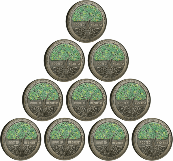Rooted in Christ the Lord Is My Rock, My Fortress, My Deliverer Faith-Based Christian Challenge Coin Bible Verse Gift (Pack of 10)