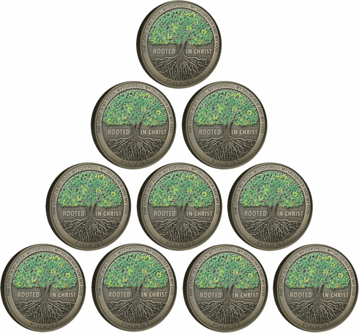 Rooted in Christ the Lord Is My Rock, My Fortress, My Deliverer Faith-Based Christian Challenge Coin Bible Verse Gift (Pack of 10)