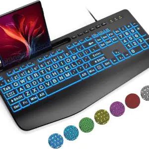 Large Print Backlit Computer Keyboards, Wired Lighted USB Keyboards with 7-Color Backlit, Wrist Rest, Phone Holder, Easy to Read and Type for Laptop, PC, Windows, Desktop