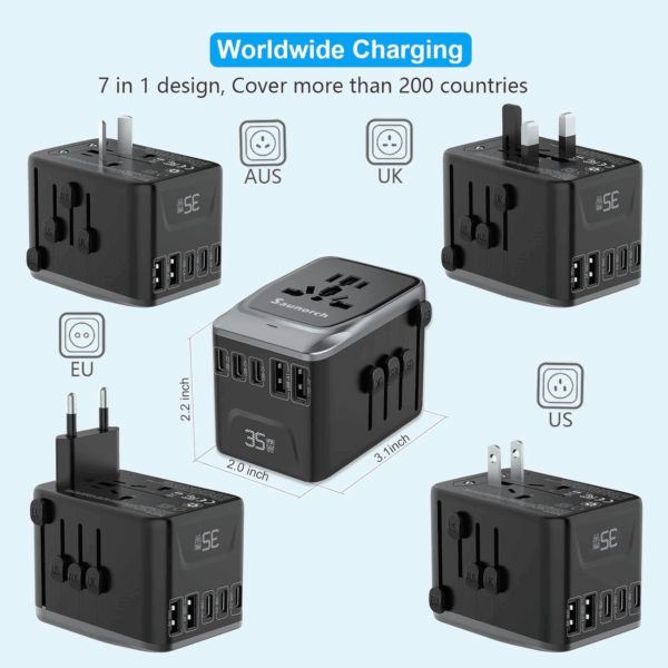 Universal Travel Adapter, PD 35W 7 in 1 International Power Plug Adapter with 7.0A 4 USB-C and 2 USB-A Fast Wall Charger, Worldwide AC Outlet for US Europe UK AUS (Black+Silver) - Image 3