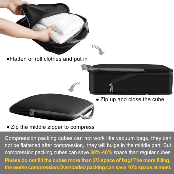 4 Set/6 Set/8 Set Compression Packing Cubes Travel Accessories Expandable Packing Organizers(Black Clothpattern 4 Set) - Image 5