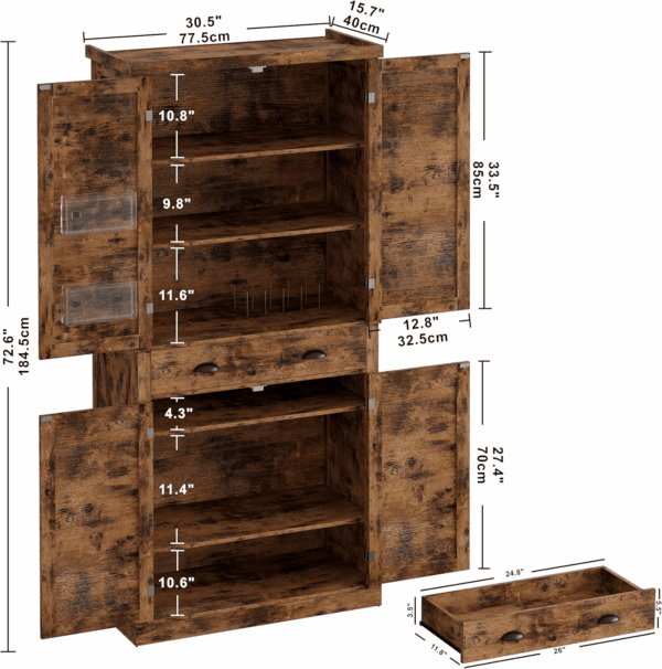 Kitchen Pantry Storage Cabinet 72.6" H, with Barn Doors, Drawer, 4 Adjustable Shelves, Freestanding Cupboard for Dining Room Living Room, Laundry, Vintage Brown - Image 3