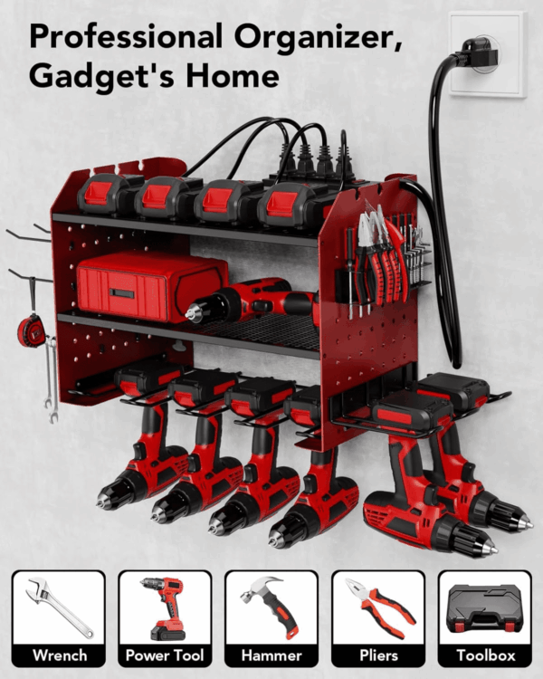 HOEMASY Power Tool Organizer Wall Mount, 3-Tier with 4 Outlet Charging Station | 100Lbs Load Heavy Duty Garage Storage Rack for Drills, Batteries, Tools | Gift for Men, Dad, Workshop & Pegboard Red - Image 7