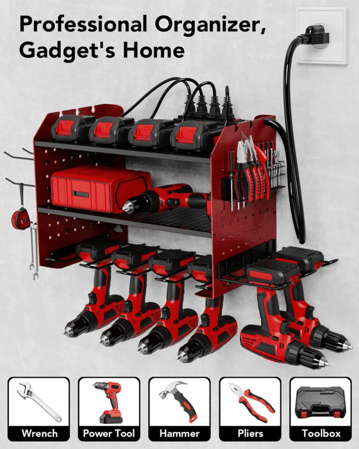 HOEMASY Power Tool Organizer Wall Mount, 3-Tier with 4 Outlet Charging Station | 100Lbs Load Heavy Duty Garage Storage Rack for Drills, Batteries, Tools | Gift for Men, Dad, Workshop & Pegboard Red - Image 7