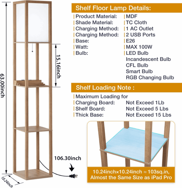 Shelf Lamp, Modern Standing Light with 1 USB Port and 1 Type C Port and 1 Power Outlet, 3-Tiered Display Floor Lamps with Shelves for Living Room, Bedroom and Office - Wood - Image 3