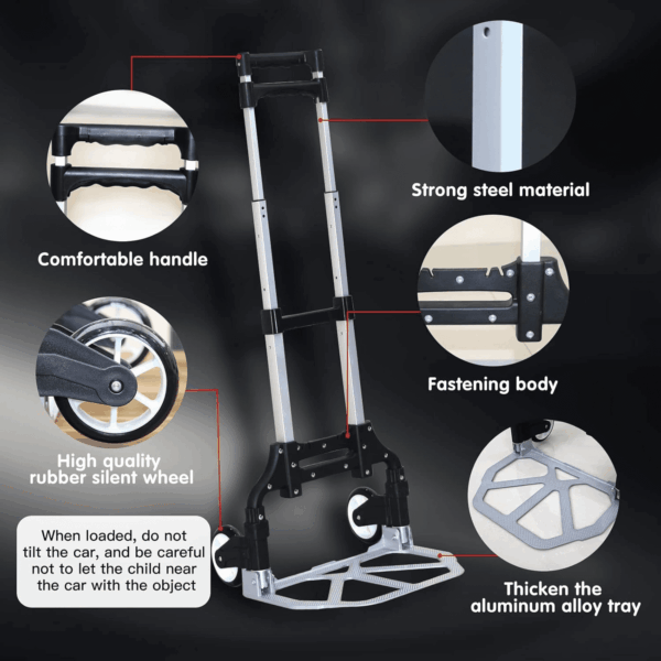 Folding Hand Truck Dolly Cart，Aluminum Portable Hand Cart for Daily Handling Work，180Lbs, with Silent Wheel，Telescoping Handle，Black Bungee Cord, Can Stand Alone，Light Weight - Image 4