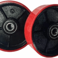 A Pair of Pallet Jack Steering Wheels Set 7" X 2" Poly Tread Red Color,With Bearings Pre-Installed, Includes Axle, Fasteners by - Image 5