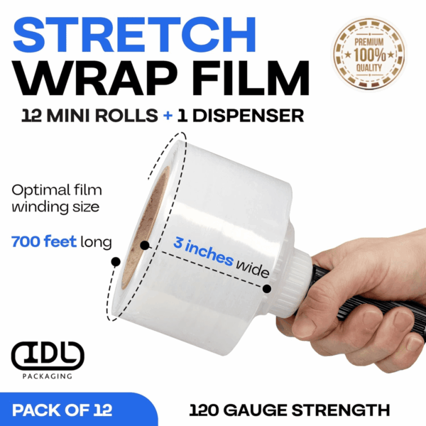 3" Stretch Wrap Mini Roll, 700 Feet, 120 Gauge (Pack of 12) with a Plastic Handle Included – Industrial Grade Clear Plastic Wrap – Improved Protection for Packing, Moving, or Office - Image 2