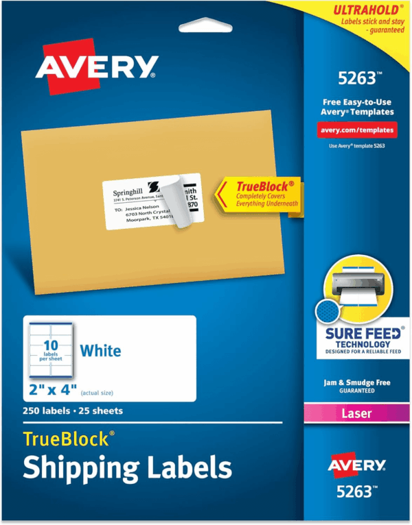 Printable Shipping Labels with Sure Feed, 2" X 4" Customizable Stickers, White, 250 Blank Mailing Labels, Great for Mailing, Shipping, and More (5263)