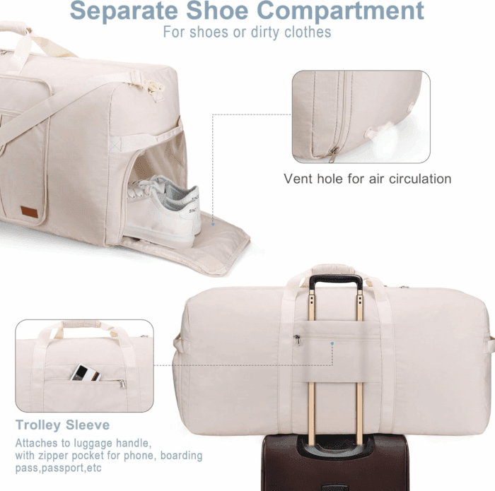 120L Travel Duffle Bag for Men and Women,  34” Large Duffle Bag for Traveling with Shoe Compartment, Foldable Duffel Bag Water & Tear Resistant (Beige) - Image 5