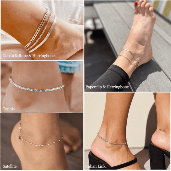 Dainty Silver Ankle Bracelets for Women Waterproof, S925 Sterling Silver Anklets Jewelry Layered Cuban Chain Herringbone Cute Anklets Set Pack Summer Beach Gift for Women Teen - Image 4