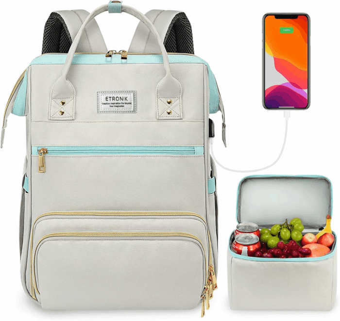 Lunch Backpack, 15.6 Inch Laptop Backpack with USB Port, Stylish Nurse, Teacher Work Bag with Insulated Cooler Lunch Box for Women Men/Travel, Grey Blue