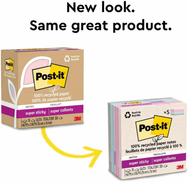 100% Recycled Paper Super Sticky Notes, 3 In. X 3 In., 5 Pads, 70 Sheets per Pad, Wanderlust Pastels, School Supplies and Office Products - Image 9