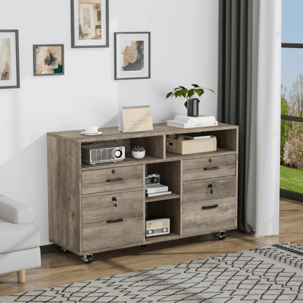 Wide 4 Drawer File Cabinet with Lock, Rustic Grey Rolling File Cabinet with Open Shelves, Lockable Printer Stand, Letter Sized - Image 2