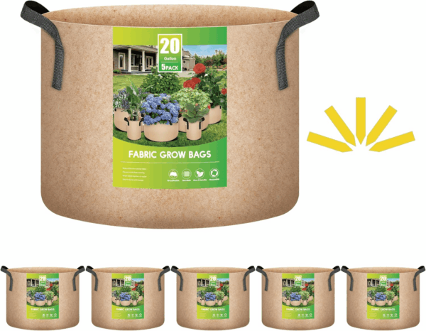 5-Pack 20 Gallon Plant Grow Bags Thickened Nonwoven Aeration Fabric Pots Heavy Duty Durable Container, Strap Handles for Garden, Tan New