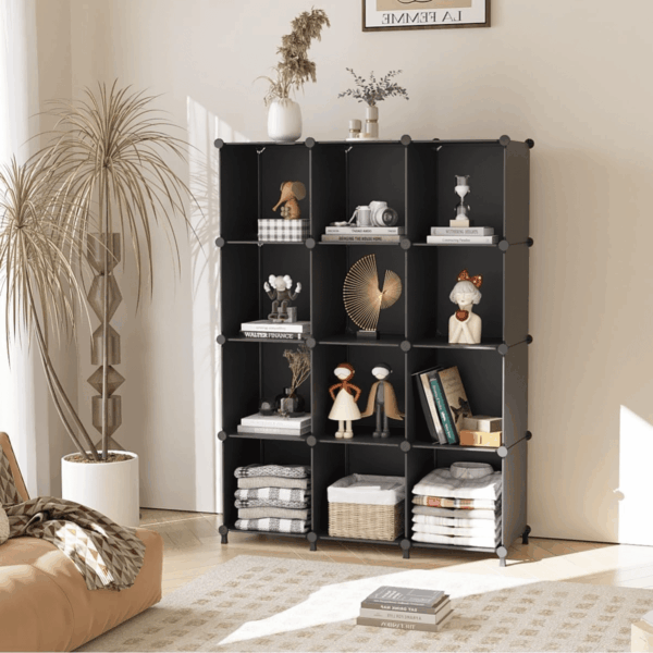 Cube Storage Organizer Closet Storage Shelves DIY Stackable Plastic Storage 12 Cube Bookshelf, Ideal Storage Organizer for Closet, Home, Bedroom, Black - Image 2