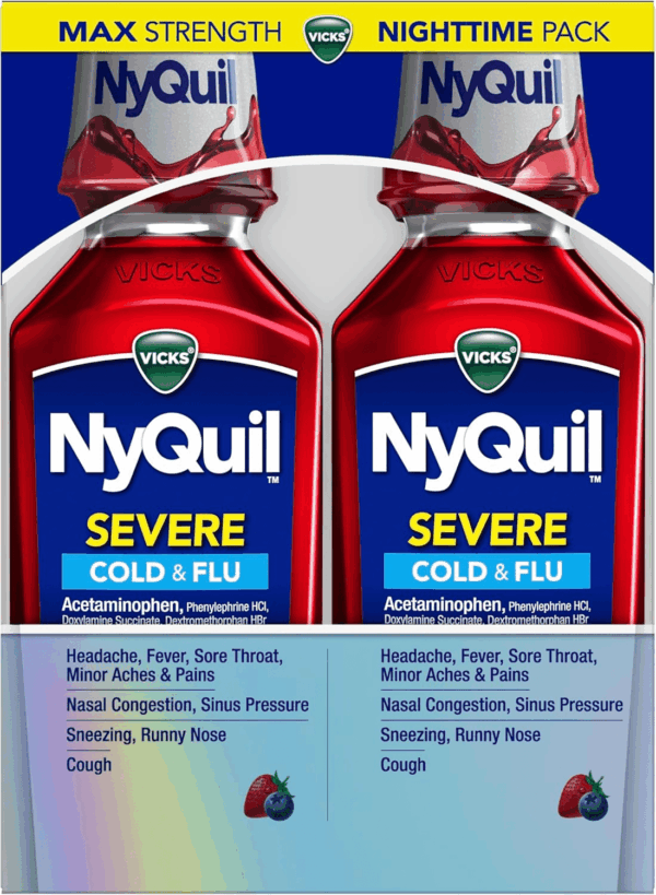 Nyquil SEVERE Cold, Flu, and Congestion Medicine, 2X12 Fl Oz Twin Pack, Berry Flavor, Maximum Strength, Nighttime Relief - Image 7