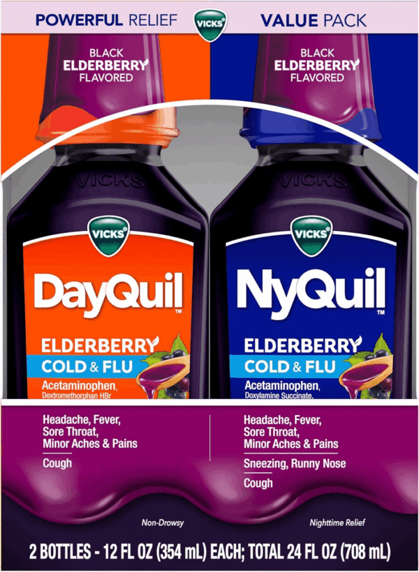 Dayquil & Nyquil Elderberry Flavor Cold & Flu Liquid Medicine Co-Pack, Multi-Symptom Relief of Headache, Fever, Sore Throat, Minor Aches & Pains, Sneezing, Runny Nose, and Cough, 2X12Oz - Image 8