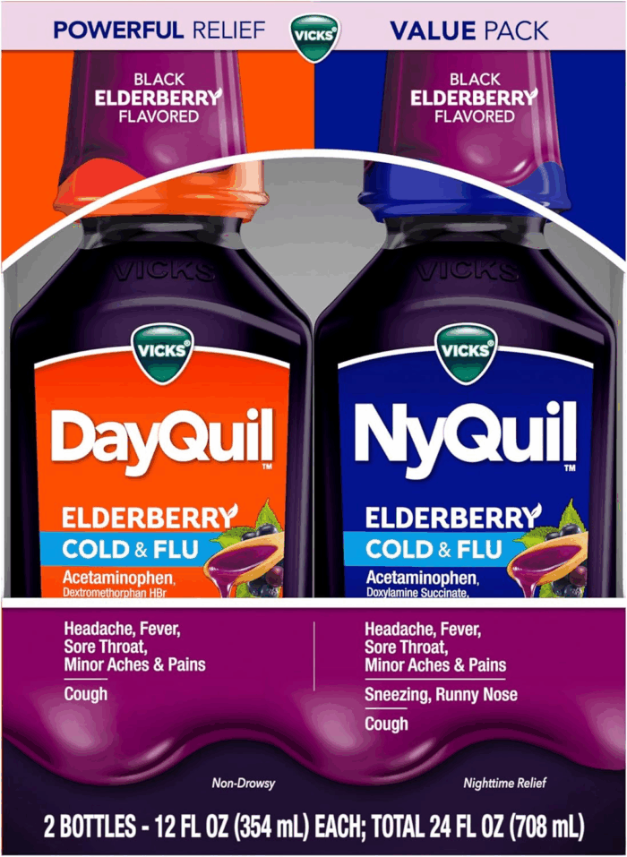 Dayquil & Nyquil Elderberry Flavor Cold & Flu Liquid Medicine Co-Pack, Multi-Symptom Relief of Headache, Fever, Sore Throat, Minor Aches & Pains, Sneezing, Runny Nose, and Cough, 2X12Oz - Image 8