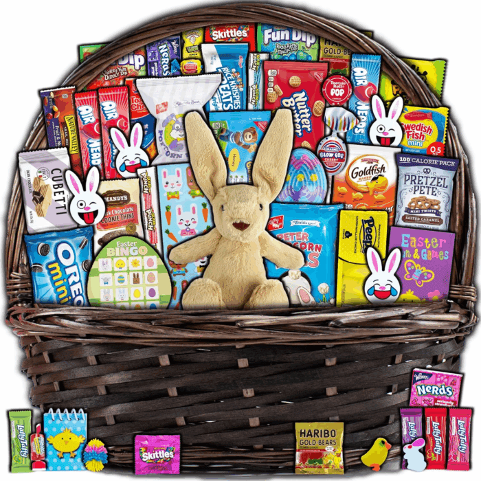 Brown Easter Basket for Kids and Adults (45Ct) Already Filled Easter Gift Basket with Plush Easter Bunny, Candy, Snacks, and Treats - Boys, Girls, Grandchildren, Young Children, Toddlers, Men, Women