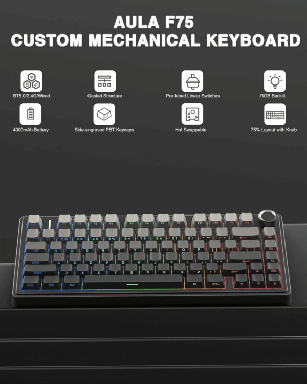 F75 Pro Wireless Mechanical Keyboard,75% Gasket Hot Swappable Custom Keyboard,Rgb Backlit,Pre-Lubed Reaper Switches,Side Printed PBT Keycaps,2.4Ghz/Usb-C/Bt5.0 Mechanical Gaming Keyboards - Image 2